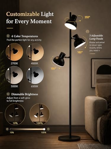 Stehlampe Wohnzimmer 36W 2800LM Stehlampe LED Dimmbar mit Fernbedienung & Berührung 2700K-6500K, 3-Licht Leselampe Moderne Stehleuchte