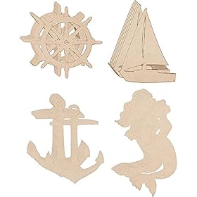 24 Pieces Unfinished Nautical Wood Cutouts for Crafts, Wooden Sailboat, Mermaid, Anchor, Ship Wheel for DIY Projects 41svzEGdk S. SS280