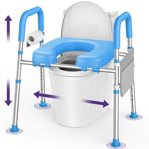 KEKOY Elevador WC adulto con 7 ajustes de altura y 3 de ancho y reposabrazos. Montaje sin herramientas, el alzador WC adulto es compatible con la mayoría de inodoros, ideal para mayores, Azul