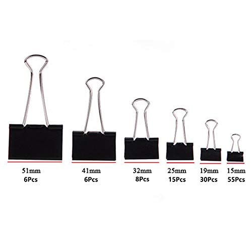 MeetUs 120 Pcs Paper Binder Clips Paper Clamp with Box for Office, School and Home Supplies, Assorted 6 Sizes & Black Color