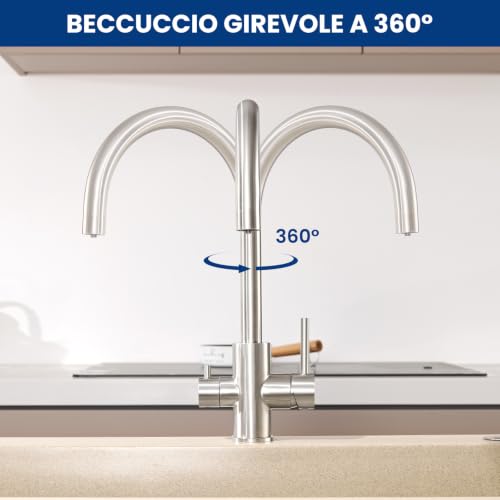 CECIPA Rubinetto Lavello Cucina, Rubinetto Filtro Acqua 3 Vie, 2 Maniglie | Miscelatore Osmosi Cucina per Depuratore, Girevole a 360°, Acqua Calda e Fredda, Acciaio Inox, Spazzolato