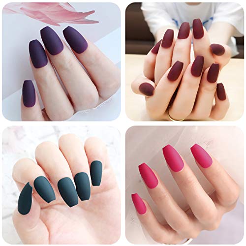 editTime 12 sets/288pcs Solid Colors Matte Acrylic Ballerina Coffin False Nails Full Cover Fake Nails Tips Natural Medium False Naill with a Crystal Nail Rubbing Strip