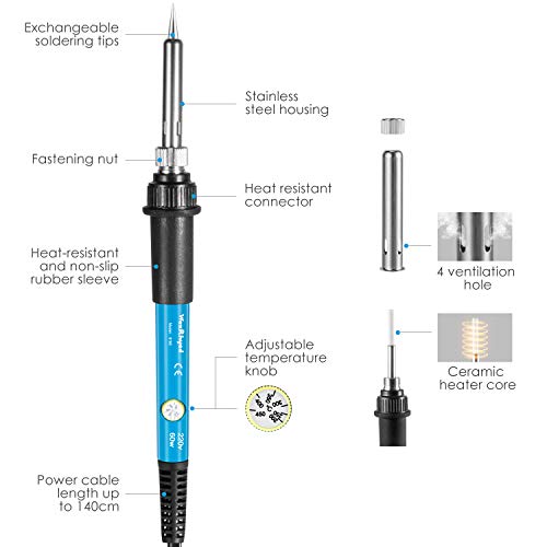 Soldering Iron Kit WaxRhyed, 60W Welding Tools with Adjustable Temp 200-450°C and ON/Off Switch, 5 Soldering Tips, Desoldering Pump, Solder Wire, Wire Stripper Cutter, Stand, Tool Case