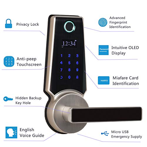 HARFO FM02 Fingerprint and Touchscreen Keyless Smart Lever Door Lock, Advanced 3D Fingerprint Reader for Office Home (Sliver)