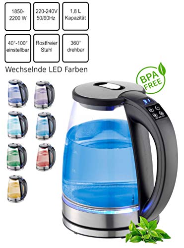 Glas Wasserkocher 1,8 Liter | 2200 Watt | Edelstahl mit Temperaturwahl | Teekocher | 100% BPA FREI | Warmhaltefunktion | LED Beleuchtung im Farbwechsel | Temperatureinstellung (40°C-100°C) – Bild 4