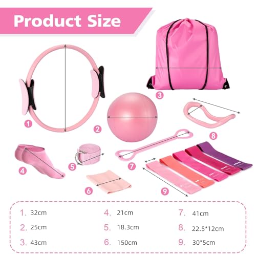 Kit básico de anéis de Pilates, conjunto de equipamentos para exercícios em casa com bola de 25 cm, faixas elásticas, acessórios, conjunto de Pilates para pernas e braços
