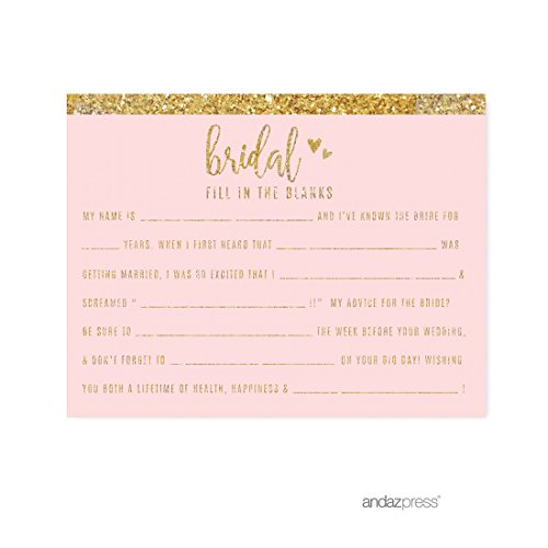 Andaz Press Blush Pink Gold Glitter Print Wedding Collection, Fill in the Blanks Advice for the Bride-to-Be Bridal Shower Game Cards, 20-Pack