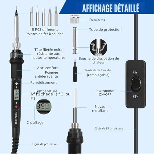 80W Professional Soldering Iron Kit, Adjustable Temperature 180°C-500°C with LCD Display, On/Off Switch, 5 Soldering Nozzles, Desoldering Pump, Ideal for Electronic Repair, Soldering and DIY