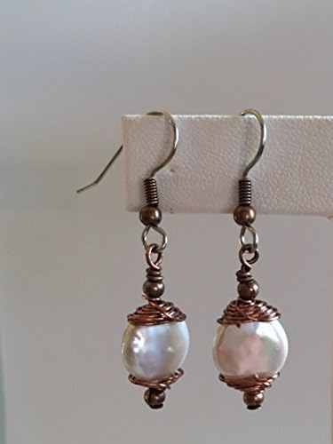 Pearl Earrings/21 Brass Wrap - Freshwater Coin Pearl, Hand Wrapped &amp; Finished with Shiny Bright Copper Accents - Surgical Steel French Hooks