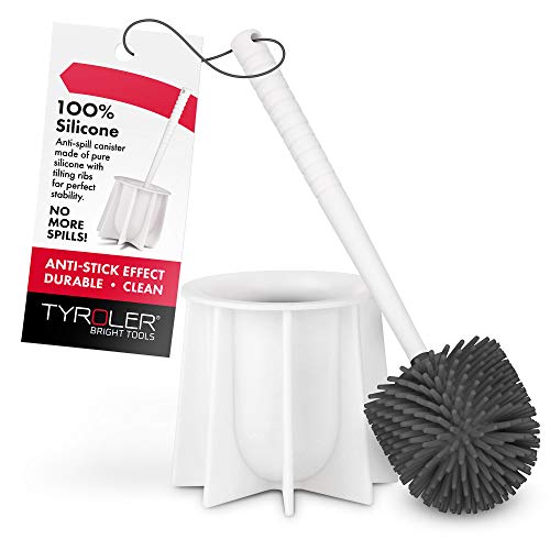 Tyroler Bright Tools Toilet Brush Set Made of 100% Silicone, Anti-Stick Effect Bristle Toilet Bowl Brush and Holder Fit All Toilets & Bathrooms (White)