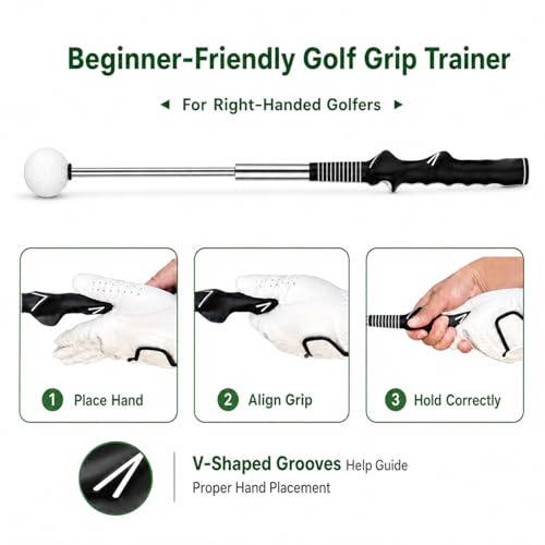 5-in-1 Retractable Golf Swing Trainer, Training Aid with Grip Trainer, Grip Correction for Beginners & Tempo Training for Advanced, Click Feedback, Arm Connection, Right/Left-Handed, Indoor/Outdoor