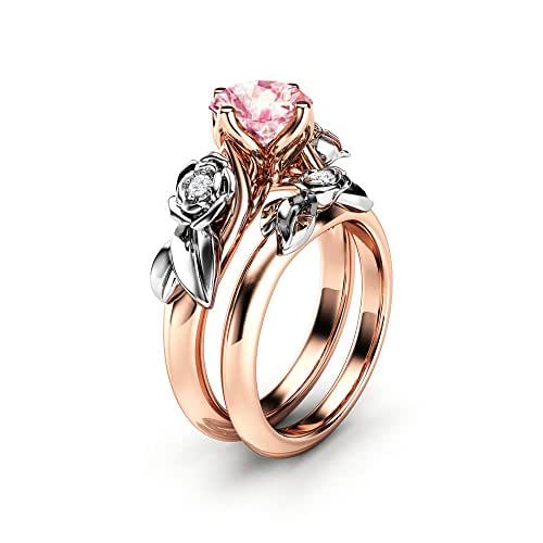 Rose Engagement Ring Set White Gold Ring Pink Moissanite