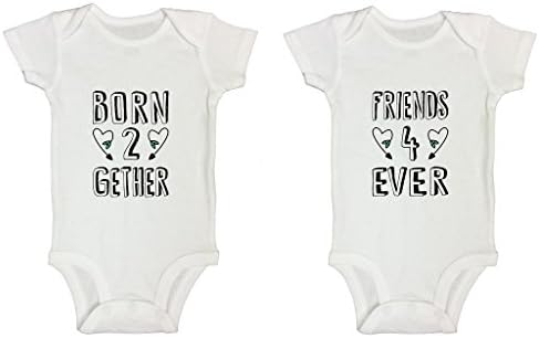 Twin Outfit Onesie Shirt Set 2 Boy or Girl “Born 2 Gether“ &amp; “Friends 4 Ever” Funny Threadz Toddler T3 T-shirt, White