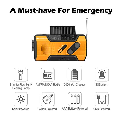 RunningSnail Solar Crank NOAA Weather Radio for Emergency with AM/FM, Flashlight, Reading Lamp and 2000mAh Power Bank（Orange） - Thumbnail 2