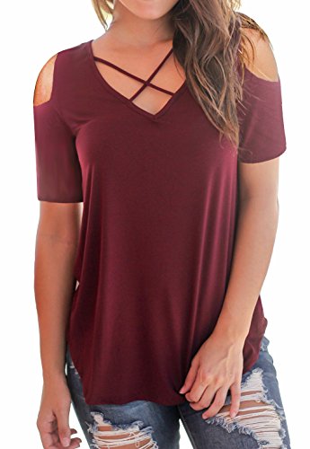 PARPERNA Women's Casual Short Sleeve Solid V-Neck T-Shirt Tops (Wine Red, X-Large)