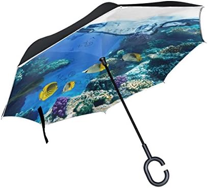 AIDEESS Coral Reef Print Windproof Reverse Folding Double Layer Inverted Umbrella with C-shaped Hands Free Handle for Travelling and Car Use