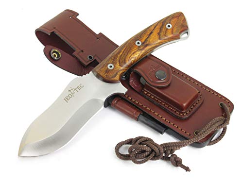 JEO-TEC Nº35 Bushcraft Survival Hunting Camping Knife, MOVA-58, Genuine Leather Multi-Position Sheath + Firesteel + Sharpener Stone, Handmade