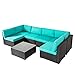Peach Tree Outdoor Furniture Sectional Wicker Sofa Set 7 PCs Patio Rattan, All-Weather Washable Tiffany Blue Cushioned, w/Glass Coffee Table, Backyard, Pool