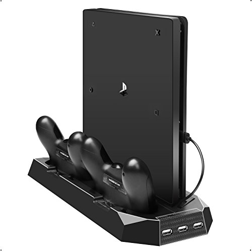 CPPSLEE PS4 Vertical Stand Cooling Fan with Dual Controller Charger Charging Station + 3 HUB Ports, Multifunctional PlayStation 4 Access