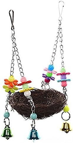 Natural Rattan Nest Bird Swing Toy with Natural Rattan Nest Flowers and Bells for Parrot Cockatoo Macaw Amazon African Grey Budgie Parakeet Cockatiel Cage Perch (S)