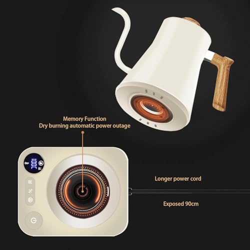 Electric Gooseneck Kettle 0.9L for Pour Over Coffee and Tea, Fast Heat Stainless Steel Inner, Digital LCD Temperature Control, Adjustable Timer, Auto Shut Off, Cordless & BPA-Free (White)