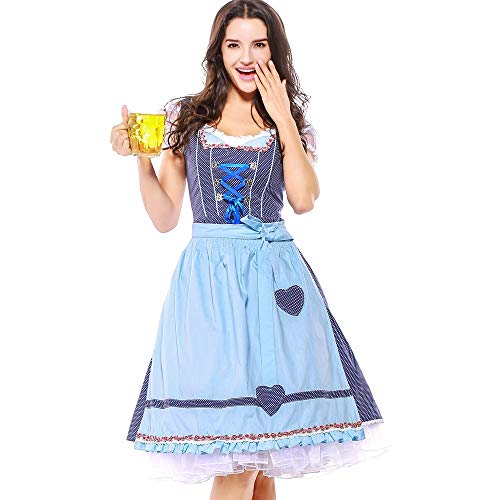 NUWFOR 4PC Women Bandage Apron Bavarian Oktoberfest Costumes Barmaid Dirndl Dress(Blue,L)