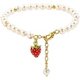 Cute Red Strawberry Pearl Beaded Charm Bracelet Lovely Sweet Fresh Tropical Fruit Green Leaf Adjustable Handmade Pearls Beads Chain Link Bracelets Summer Christmas Holiday Jewelry Gifts for Women Her Daughter