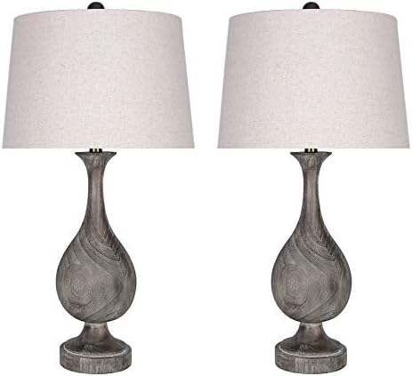 29" Grey Washed Faux Wood Polyresin Table Lamp Set with Teardrop Vase-Inspired Design and Oatmeal Linen Tapered Shades - Perfect for Nightstands and End Tables (Set of 2)