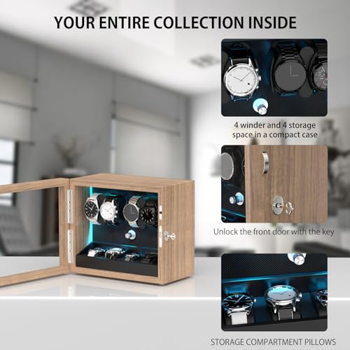 DUKWIN Watch Winder for 4/6/8/12 Automatic Watches, Lockable Automatic Winders with Extra 4/6 Watch Storages, 4 Rotation Modes, Quiet Mabuchi Motor, Sfot Watch Pillows and Blue Backlight