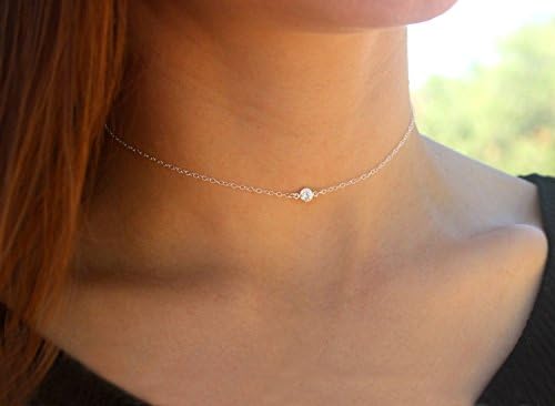 Sterling Silver Crystal Choker Tiny Sparkling Necklace Dainty Everyday Short Simple Jewelry