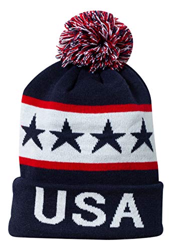 USA United States of America Patriotic Winter Knit Pom Pom Beanie Hat with Cuff (Blue)