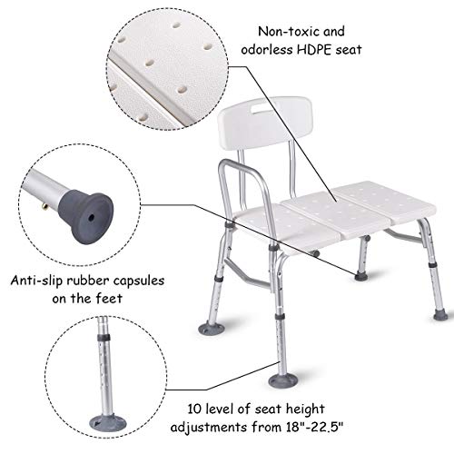 Bath Bench, WATERJOY 5 Height Adjustable Medical Bath Seat Stool Shower Chair with Back and Armrest, Bathroom Bath Tub Transfer Bench