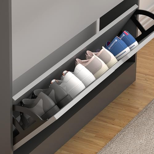 RWDKDTX Zapatera, Mueble Organizador de Zapatos Madera para 3 Cajones Abatibles, Zapateras Modernas 15 Pares Cerradas, Vertical Zapatero para Entrada de Casa, Recibidor,100 * 17 * 115CM, Gris