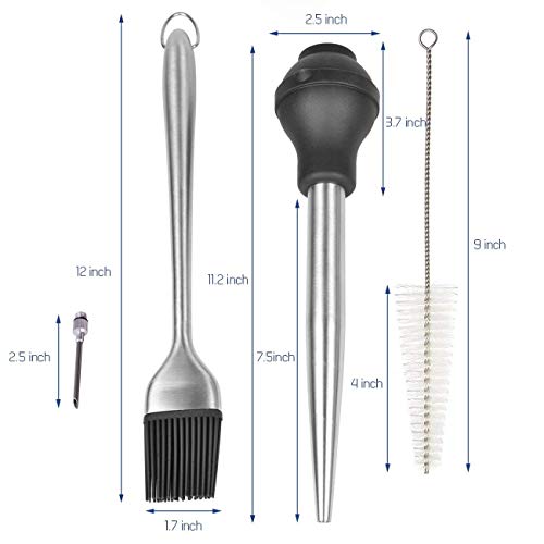 Home Servz 18/8 Stainless Steel Turkey Baster Syringe - Injector Needle with Cleaning Brush - Food Grade Silicone Bulb & Heavy Duty 12 Inch Stainless Steel Handle Silicone BBQ Basting Brush