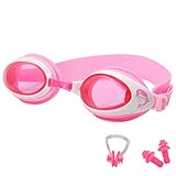 Swim Goggles for Kids Anti-Fog PC Clear Lens with S,M,L Nose Bridge and Nose Clips,Earplugs - Swimming Pool Accessory for Girls,Boys,Children,Juniors and Teens from 3 to 12 Years (Pink)