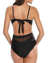 Holipick Trajes de baño de una pieza para dama con escote en V de cintura alta y malla acanalada