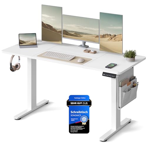 SONGMICS Höhenverstellbarer Schreibtisch elektrisch, 140 x 60 cm, stufenlos verstellbar, Memory-Funktion mit 4 Höhen, für Büro, wolkenweiß LSD134W01