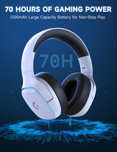 2.4GHz Wireless Gaming Headsets for PS5, PS4, PC, Switch - Bluetooth 5.3 Gaming Headphones with Noise Canceling Mic, 7.1 Surround Sound, 70H Battery, Blue Lighting - White