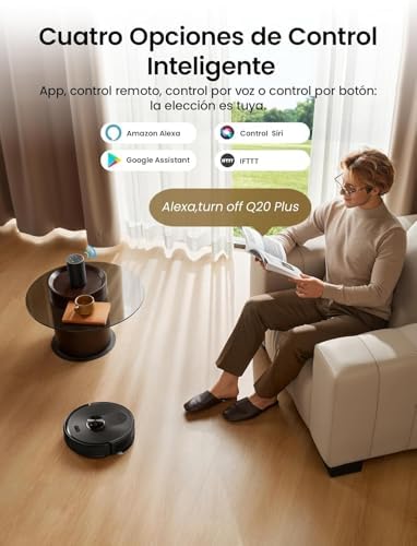 Q20+ Plus Robot Aspirador y Fregasuelos 10000 Pa/200Mins, con 4L Base Autovaciado sin Bolsa, Navegación y Cartografía por Láser por App/Voz/Control, para Suelos/Alfombras y pelos de Mascotas