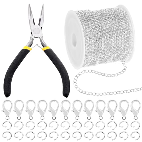 Mardatt 102Pcs Jewelry Making Kit, 10 Yards Necklace Chains with 50Pcs Open Jump Rings, 50Pcs Lobster Clasps, Chain Nose Pliers for DIY Necklace Bracelet Jewelry Making (Silver)