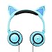 Cat Ear Headphones with Glowing Lights for Kids, IPRO Wired Gaming Folding LED Anime Over Head Earphone with Flashing Ears for Computer, Tablet, Phones, MP3, MP4, etc - Blue