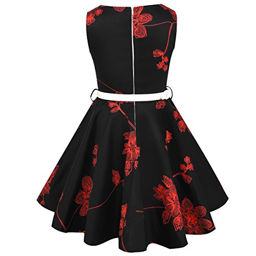 Girls Vintage Swing Dress with Belt Audrey Hepburn 1950s Style (Red Floral,Size 5-6)