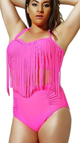 Sexy Plus Size High Waist Padded Bikini Set Retro Braided Fringe Top Swimwear Pink2X Plus Charming