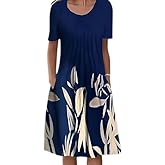 LOVESHOOT Summer Midi Dresses for Women 2024 Casual Short Sleeve Crewneck Front Pleated Swing T Shirt Dress with Pockets