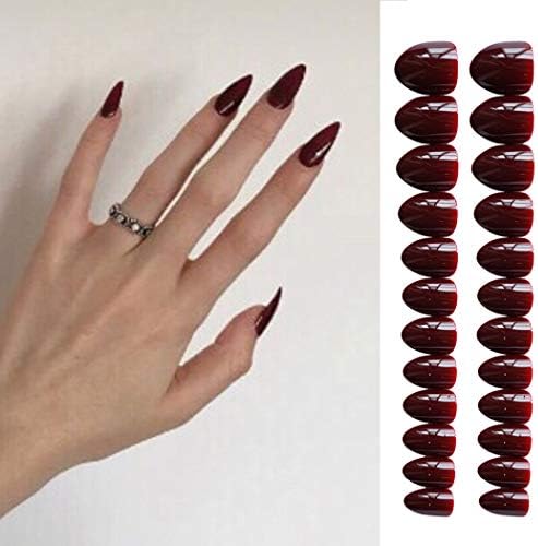 Evazen 24Pcs Different Color Stiletto Shape Sharp False Nails Full Cover Long Claw Nails Acrylic Stiletto False Nails for Women (Crimson)