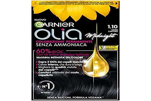 Garnier Olia Midnight haarverf, permanente kleuring zonder ammoniak, delicate geur, dekt 100% wit haar af, met natuurlijke bloemolie van natuurlijke oorsprong, veganistische formule, saffierzwart