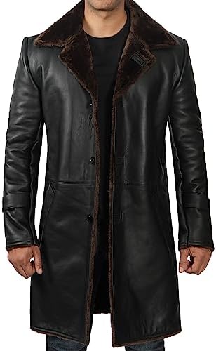 Vsadsau Natural Brown Leather Long Trench Coat for Men Mid Length