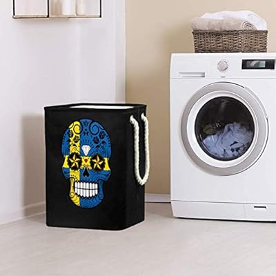 Amazon Com Swedish Flag Sugar Skull With Roses Laundry Basket Durable Leather Handle Drawstring Waterproof Collapsible Storage Basket Home Kitchen