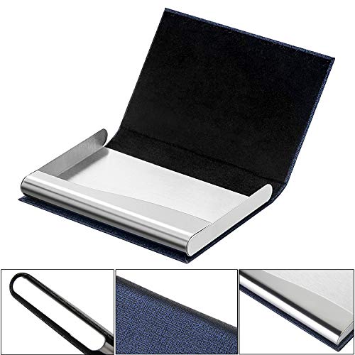Business Card Holder Business Card Case - JuneLsy Luxury PU Leather and Stainless Steel Metal Card Holder for Women with Magnetic Shut Keep Business Cards Clean (Blue-7)