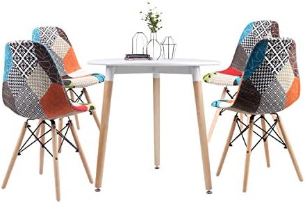 Joolihome Dining Table and Chair Set of 4, White Round Table Patchwork Eiffel Chair Fabric Dining Chair Home Office with Natural Wood Leg (white round table+ red chair)